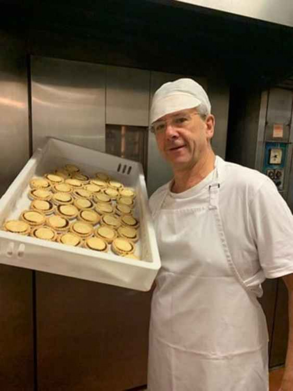 Rob Crowther at the Devonshire Bakery with his mince pie gift Rob Crowther at the Devonshire Bakery with his mince pie gift