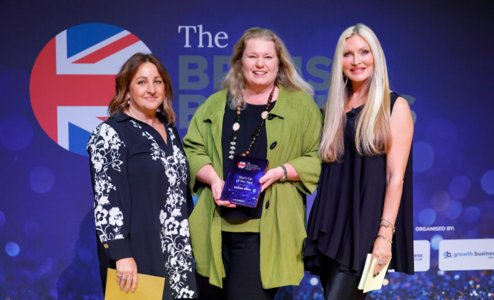 Karen Woods pictured at British Business Awards with Bex Barnett, of Medium Segment Marketing Sage and host Caprice Bourett, model and businesswoman (Photo by BBA)