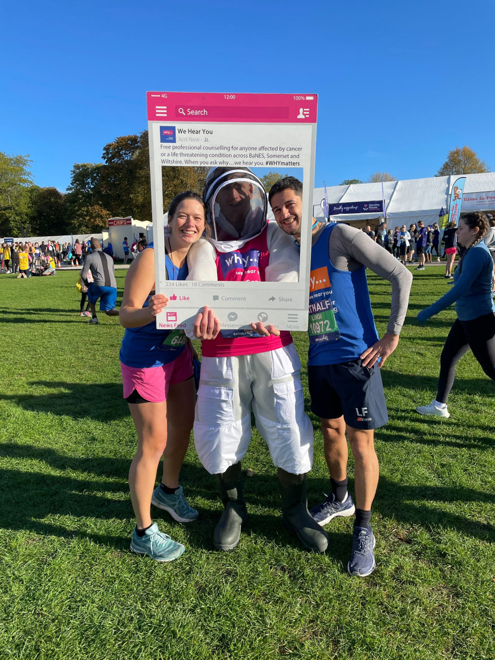 Sam before the half marathon, with fellow runners Helen and Luigi Sam before the half marathon, with fellow runners Helen and Luigi