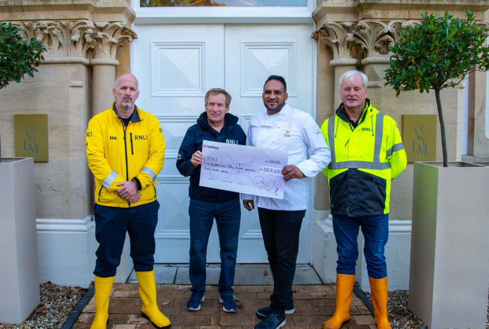 Michael presents a cheque to the RNLI at Lympstone Manor Hotel. L to R: Exmouth RNLI Crew Volunteer Geoff Mills, Chair of Exmouth RNLI Fundraising Team, Des White, Michael Caines MBE and Exmouth RNLI Crew Volunteer Neil Cannon (John Thorogood/ RNLI)