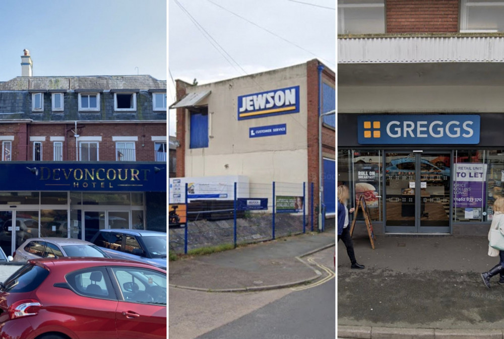 L: Devoncourt Resort & Apartments on Douglas Avenue, Exmouth (Nub News/ Will Goddard). M: Jewson building materials supplier, Fore Street, Exmouth (Google Maps). R: Greggs, Parade, Exmouth (Google Maps)