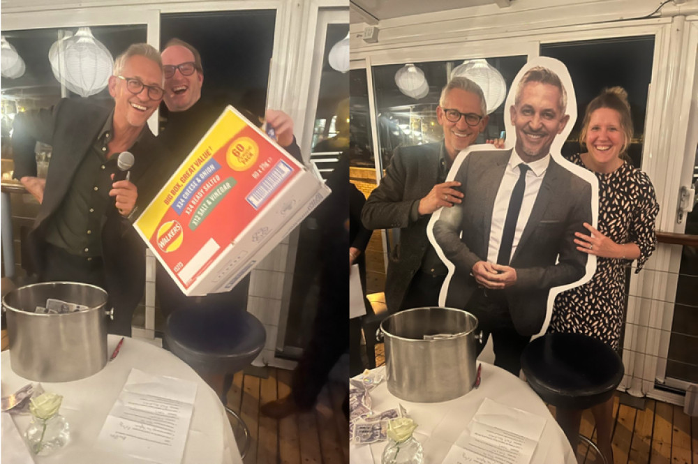 Gary Lineker with winning raffle recipients Simon Herrick and Jo Nash at last night's SporTedd's fundraising event in Teddington.