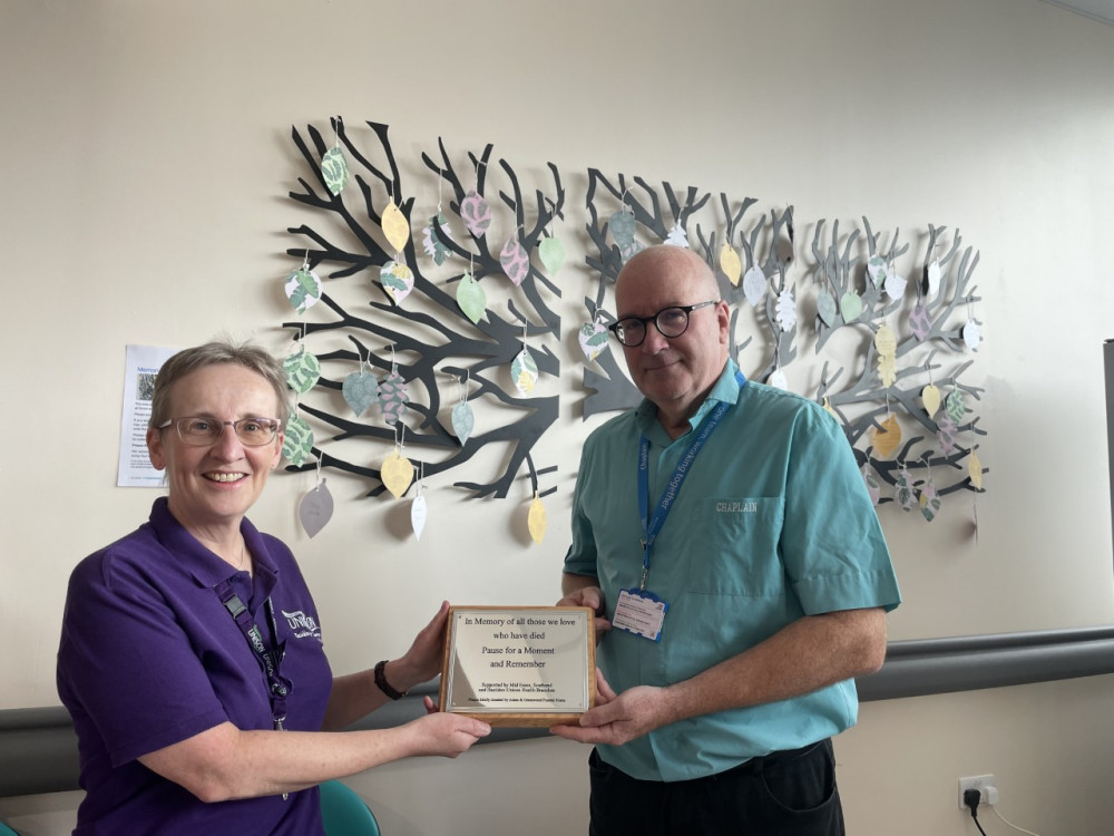 From left: Joyce Aldridge, Branch Secretary – UNISON and Tim Blake, Chaplain at the Faith and Belief Tree in Basildon Hospital.