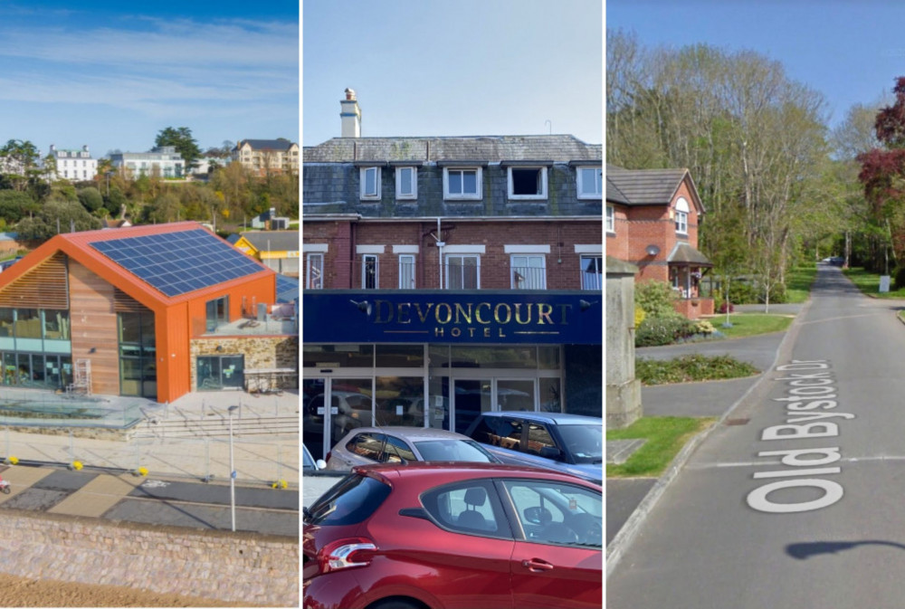 L: Sideshore, Exmouth (Grenadier/ LDRS). M: Devoncourt Resort & Apartments on Douglas Avenue, Exmouth (Nub News/ Will Goddard). R: Drive leading to Bystock Court, Exmouth (Google Maps)