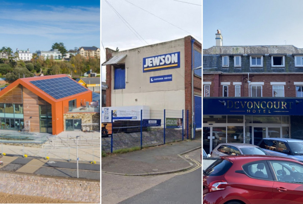 L: Sideshore, Exmouth (Grenadier/ LDRS). M: Jewson building materials supplier, Fore Street, Exmouth (Google Maps). R: Devoncourt Resort & Apartments on Douglas Avenue, Exmouth (Nub News/ Will Goddard)