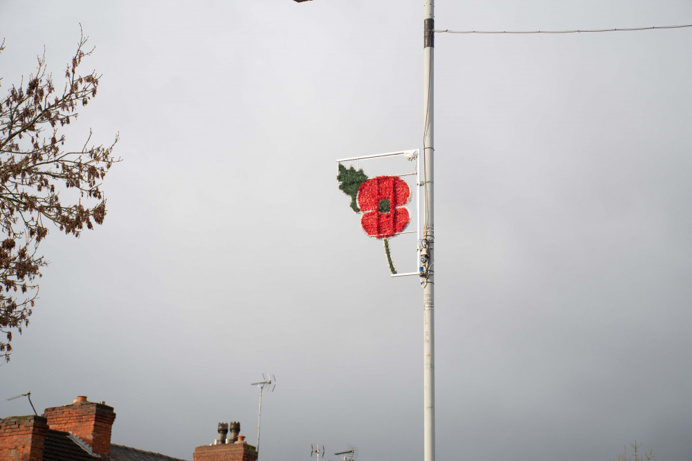 Ashfield District Council has installed 13 illuminated ‘Poppy lights’ across the district as part of this year’s Remembrance Day commemorations. Photo courtesy of Ashfield District Council.