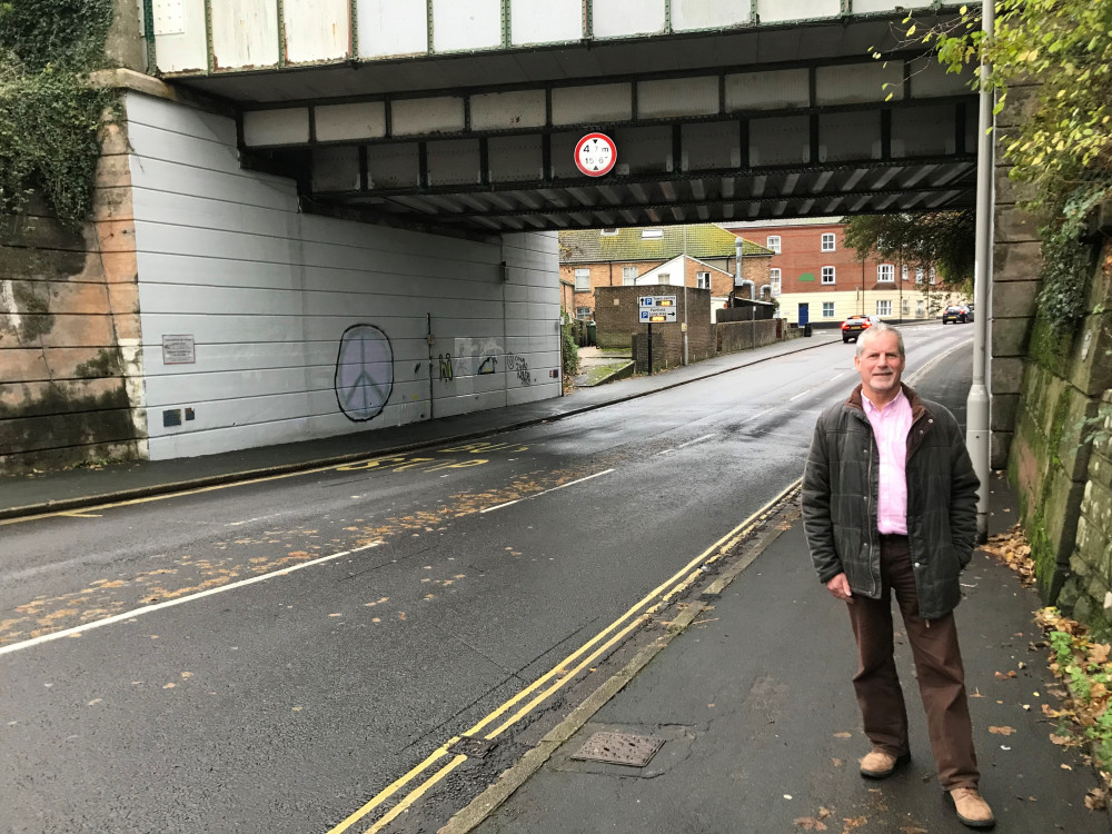 Cllr Les Fry at the Damers Road rail bridge Cllr Les Fry at the Damers Road rail bridge