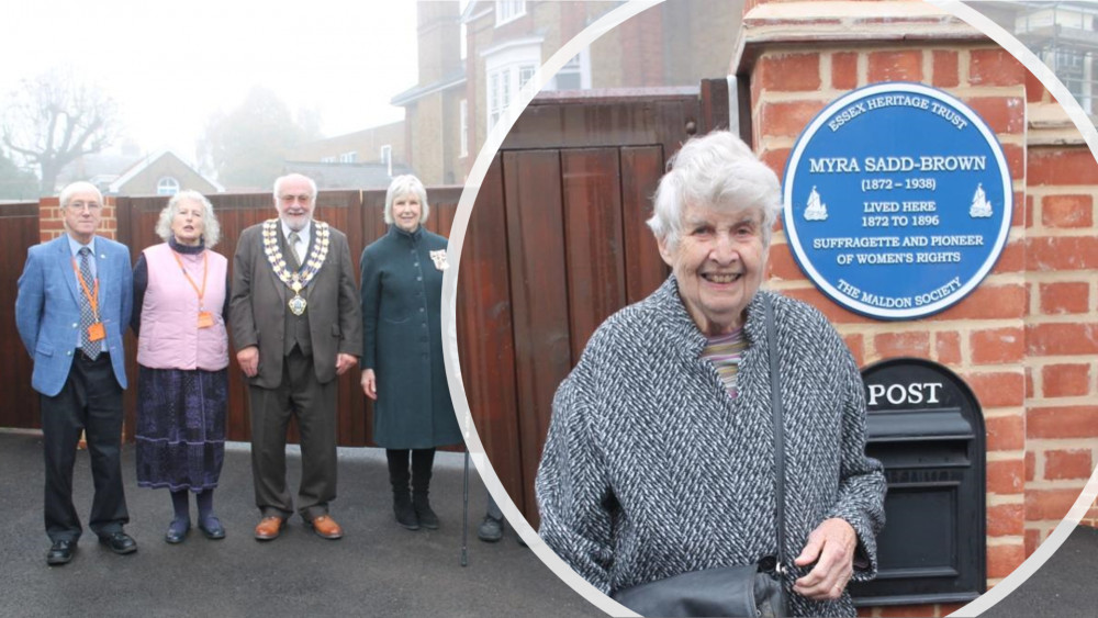 Myra Sadd's granddaughter, Lady Diana Dollery (inset), attended the ceremony with other family members. (Photos: Maldon Society)