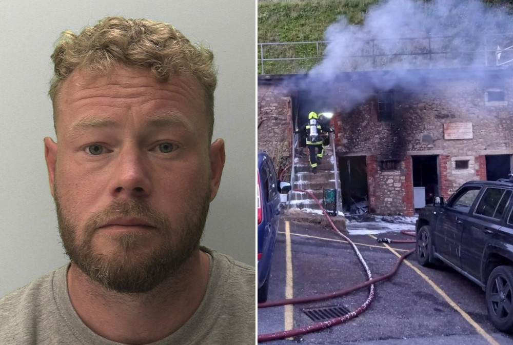 L: Dean Heron of Seaton has been jailed for three years (Devon and Cornwall Police). R: Firefighters at the scene in June (Colyton Fire Station)