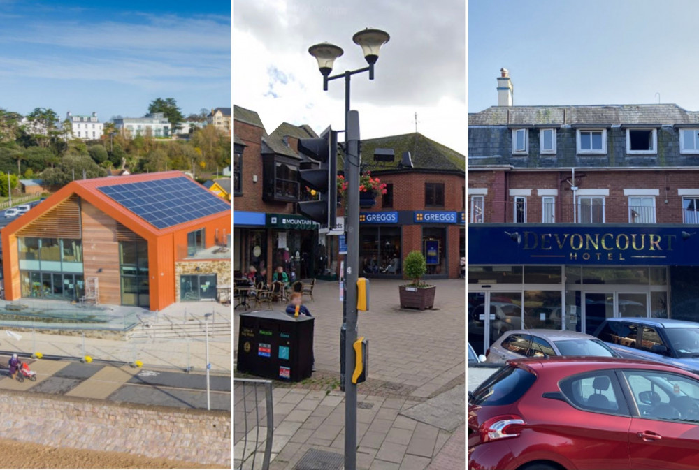 L: Sideshore, Exmouth (Grenadier/ LDRS). M: Chapel Street, Exmouth (Google Maps). R: Devoncourt Resort & Apartments on Douglas Avenue, Exmouth (Nub News/ Will Goddard)