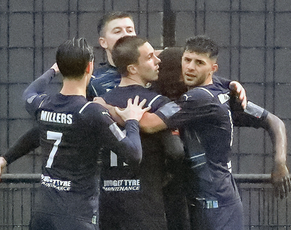 Millers celebrate George Sykes' goal but they were ultimately to be disappointed. Picture by Kevin Lamb (Lambpix). 