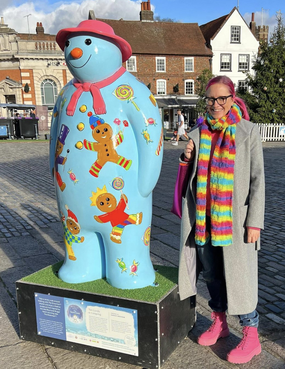 Brilliant Hitchin creative talent Sarah Graham with her Snowman! CREDIT: Sarah Graham Art