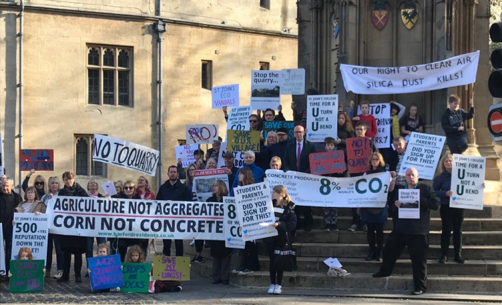 Protesters demonstrating against Barford Quarry outside landowner St John's College (image supplied)