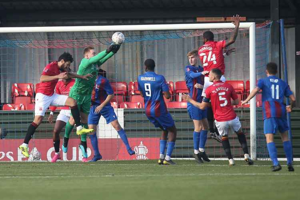 Keeper Ben McNamara was the Jammers' hero in a tightly-contested FA Cup tie. Pic by Maldon & Tiptree FC