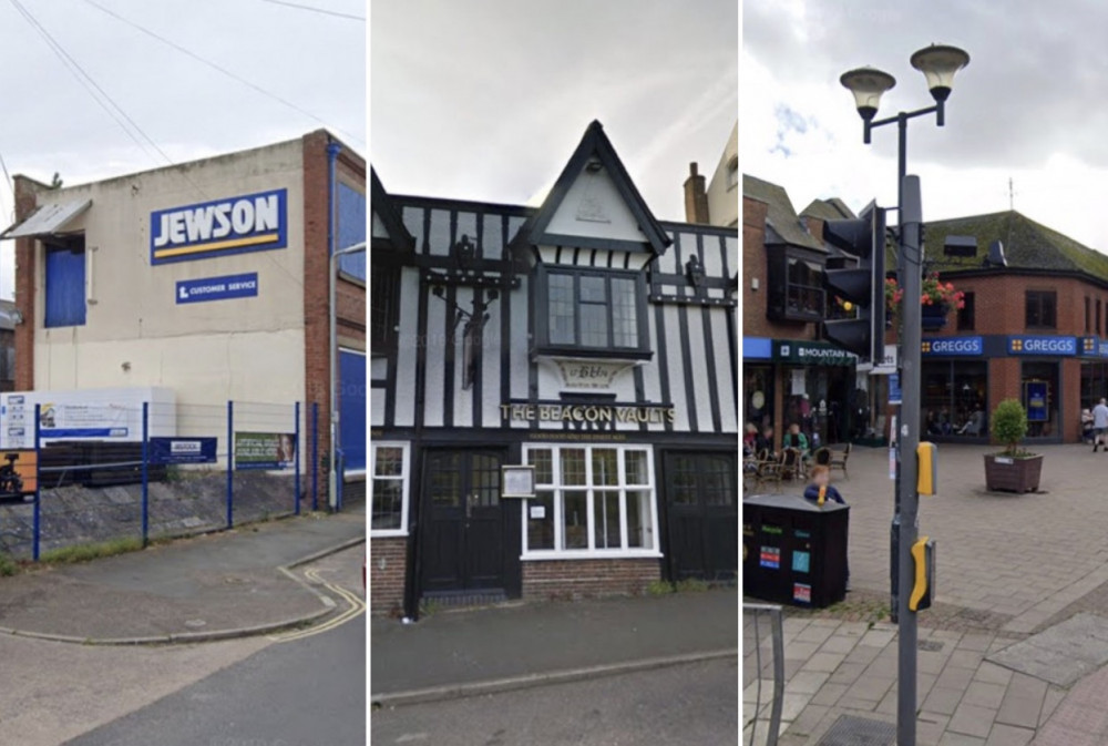 L: Jewson building materials supplier, Fore Street. M: The Beacon Vaults pub, Beacon Hill. R: Chapel Street (Google Maps)