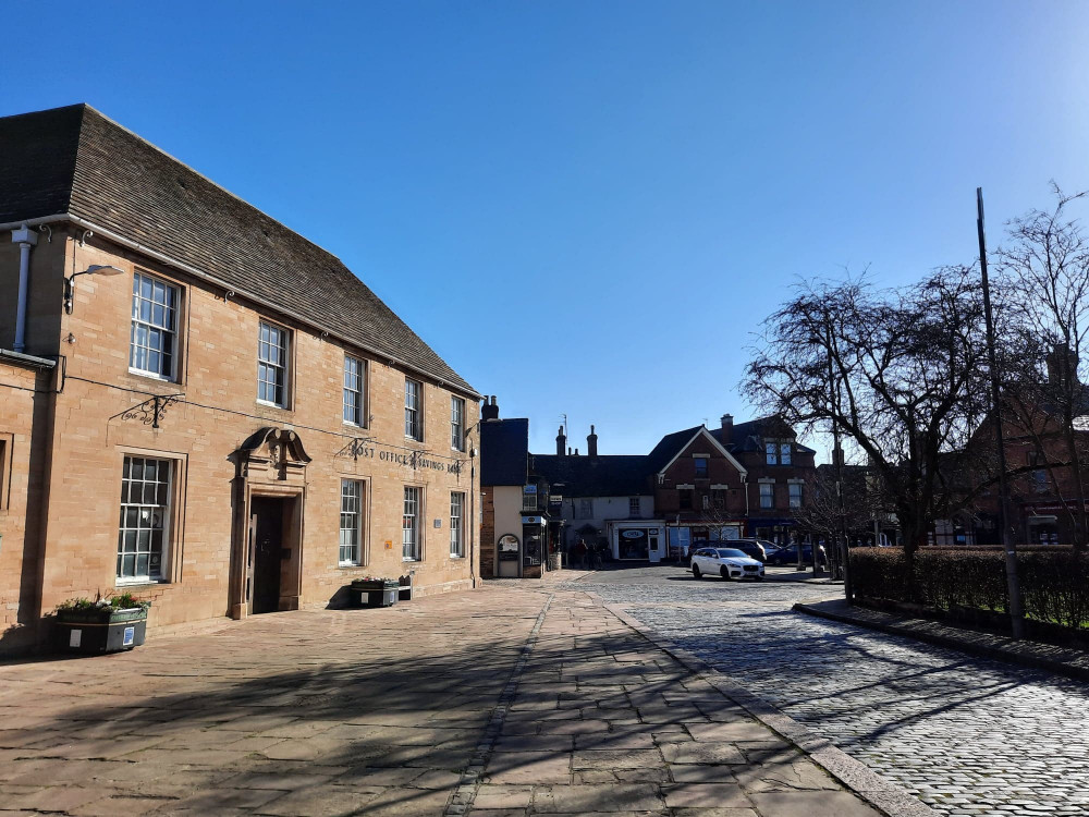 Oakham Post Office distribution centre, market place, and shops.