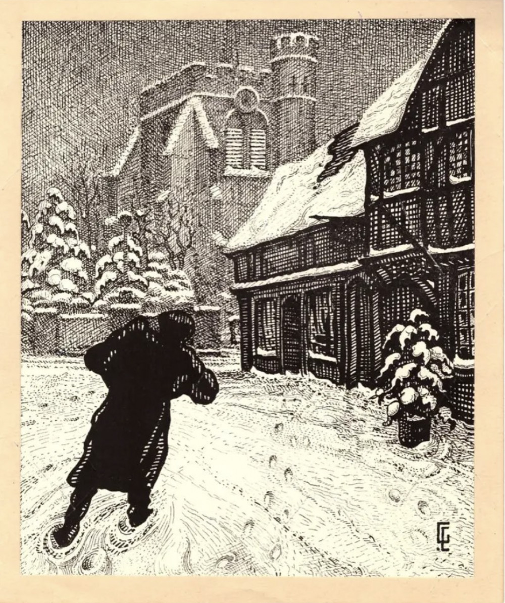 Churchyard, Hitchin’, a drawing by Gerard Ceunis, illustrating a Christmas card sent to the artist’s family in Belgium. CREDIT: Unknown