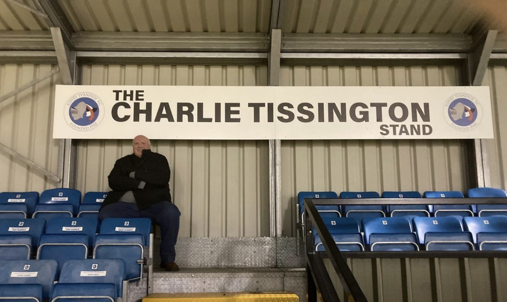 Charlie Tissington in the newly named Ashby Ivanhoe stand. Photo: Ashby Ivanhoe FC Charlie Tissington in the newly named Ashby Ivanhoe stand. Photo: Ashby Ivanhoe FC