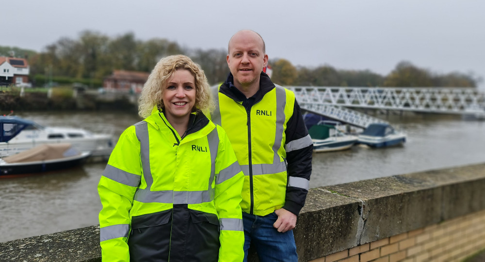 Husband and wife Sam and Jan Lowe near the river Thames at Teddington Lifeboat Station (Credit: RNLI).