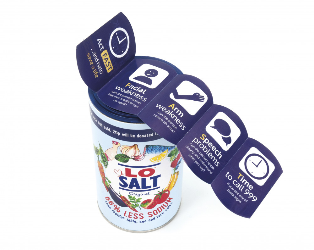 Lifesaver: the special tubs of LoSalt® tell people how to spot the symptoms of a stroke Lifesaver: the special tubs of LoSalt® tell people how to spot the symptoms of a stroke