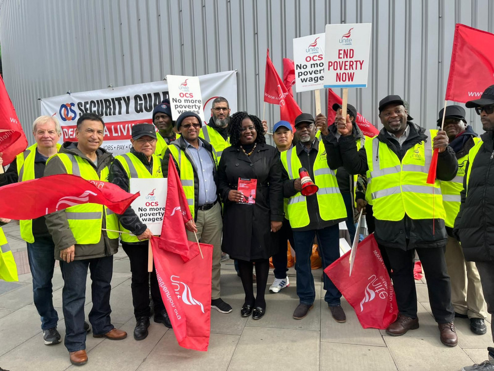 Marsha de Cordova visits New Covent Garden Market security guards on the picket line (Credit: Office of Marsha de Cordova MP)