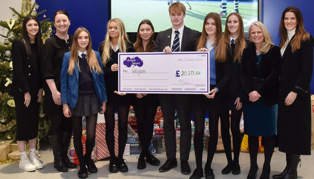 Left to right: Amy Page and Linda De Sa from Vision, teenage climbers Ava Bygraves, Annabelle Bygraves, Cicely Homer, Sam Paddon, Jemima Jordan and Annabelle Jordan. Helen Broadley, Principal of King's Senior Division and co-founder of Dream Beams Katie Jordan.