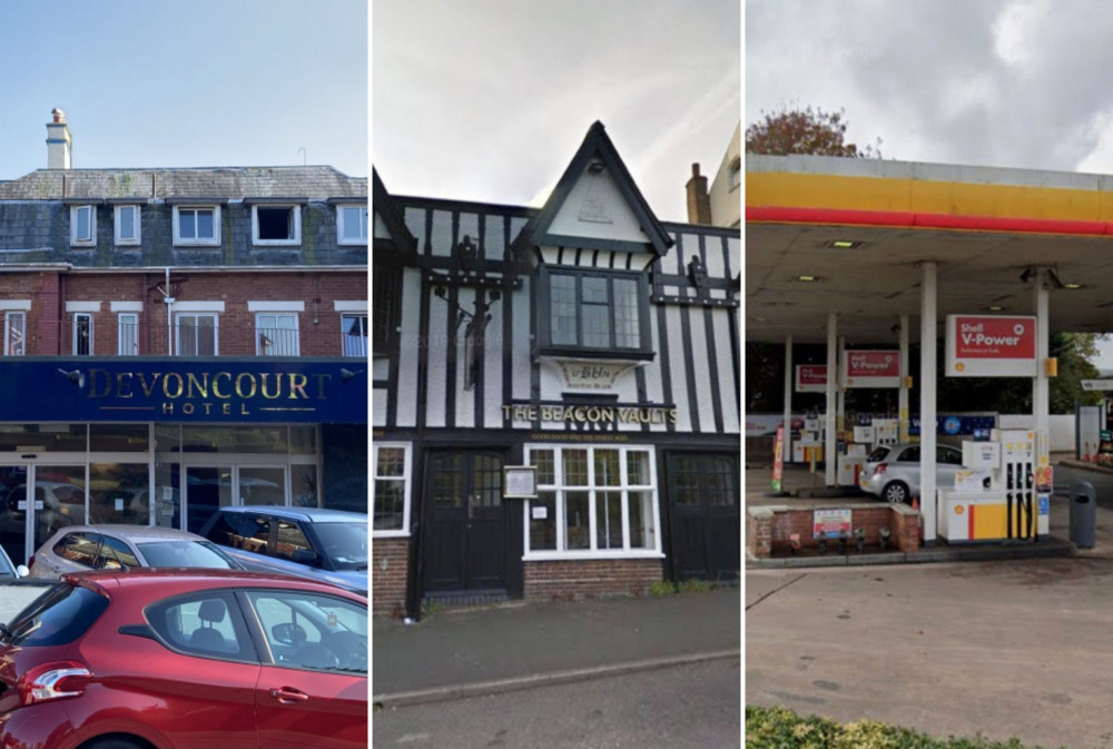 L: Devoncourt Resort & Apartments on Douglas Avenue, Exmouth (Nub News/ Will Goddard). M: The Beacon Vaults pub, Beacon Hill, Exmouth (Google Maps). R: Shell garage on Exeter Road, Exmouth (Google Maps)