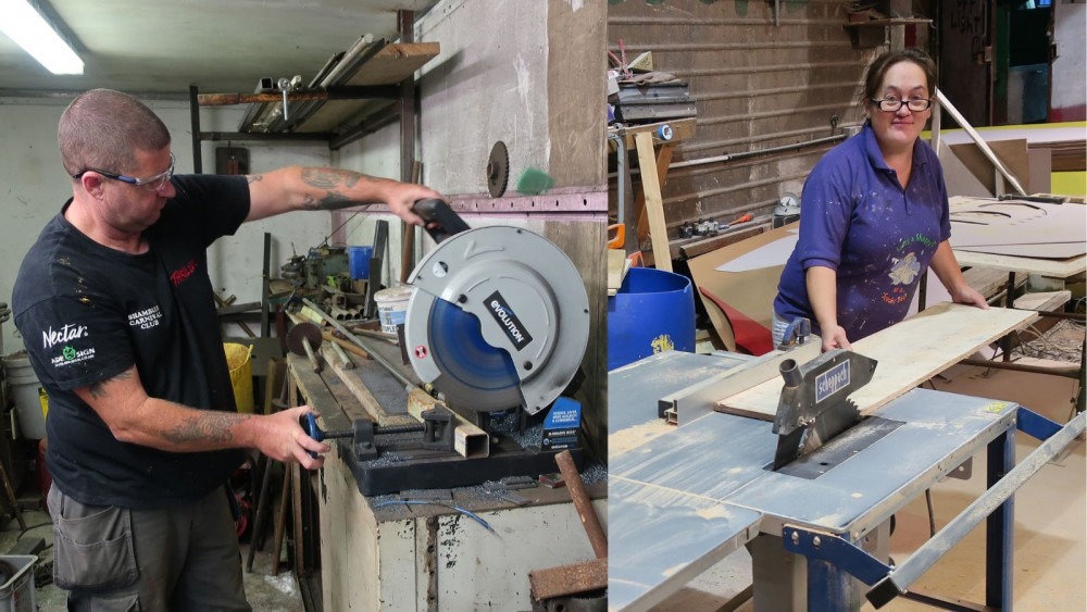 Shambles Carnival Club: Members, (Right) Gary Cox is cutting metal with the Chop Saw and (Left) Angela Davis is using the electric saw bench.