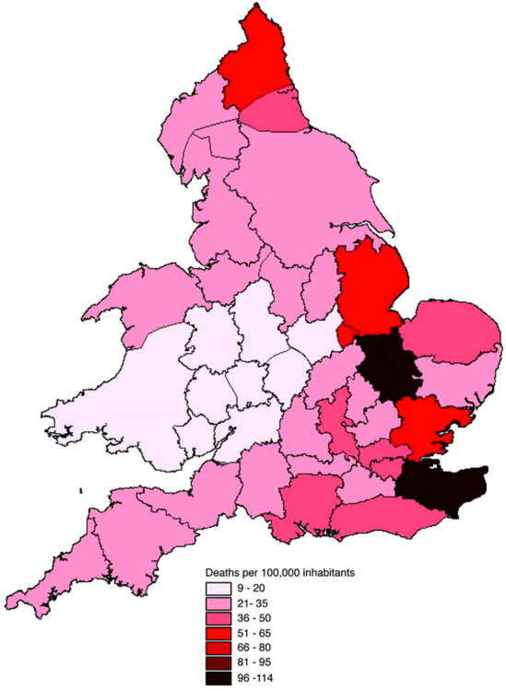 Malaria prevalence, 1840-1910.  Kent and the Cambridgeshire Fens are the worst areas.(Kuhn et al, 2003)