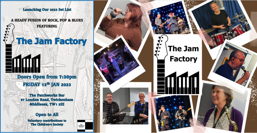 The Jam Factory is a local band who play a heady fusion of Rock, Pop & Blues covers. We are playing a charity gig at Patchworks Music Bar on Friday 13th January.