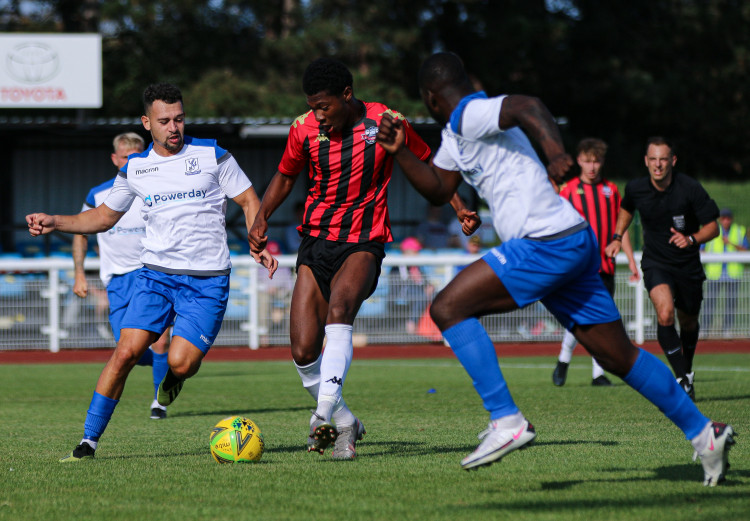 Great Evans' first half free-kick saw Kingstonian win their first away game of the season. Photo: James Boyes.