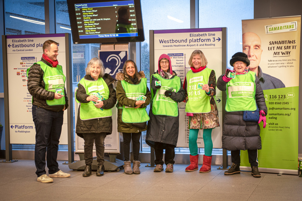 A group of volunteers from the Ealing, Hammersmith and Hounslow Samaritans branch at Ealing Broadway station on Brew Monday, 16 January2023.