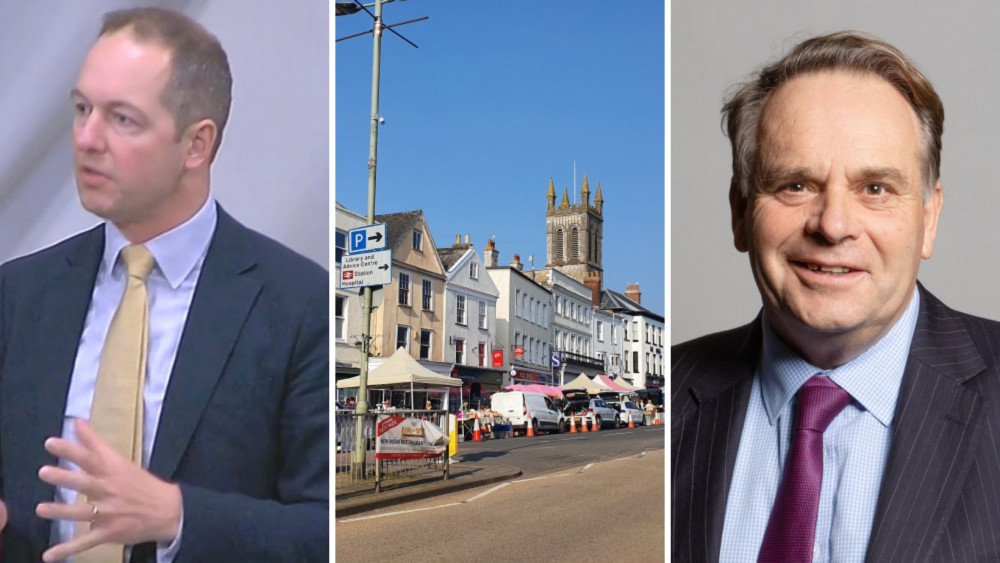 L: Richard Foord (Credit: The Liberal Democrats) C: Honiton High Street R: Neil Parish (Credit: Parliament/Richard Townshend)