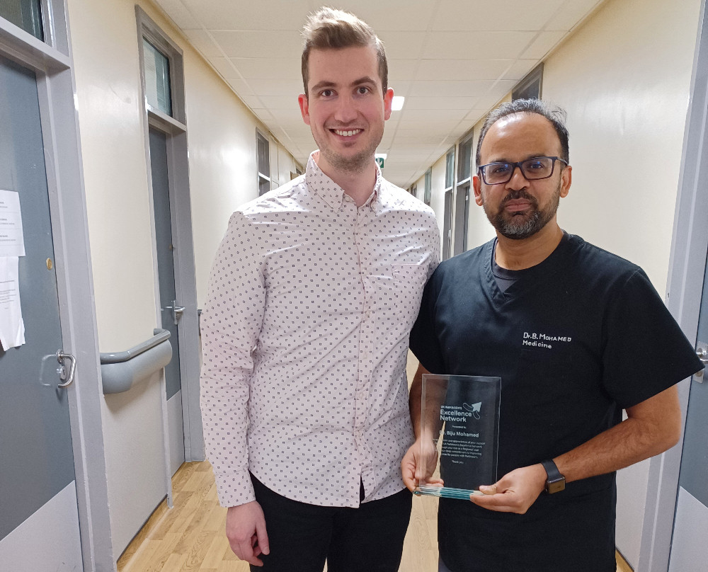 Parkinson’s UK Cymru: Callum Hughes, Service Improvement Adviser at Parkinson’s UK Cymru with Dr Biju Mohamed, Consultant Geriatrician at Cardiff and Vale University Health Board. 