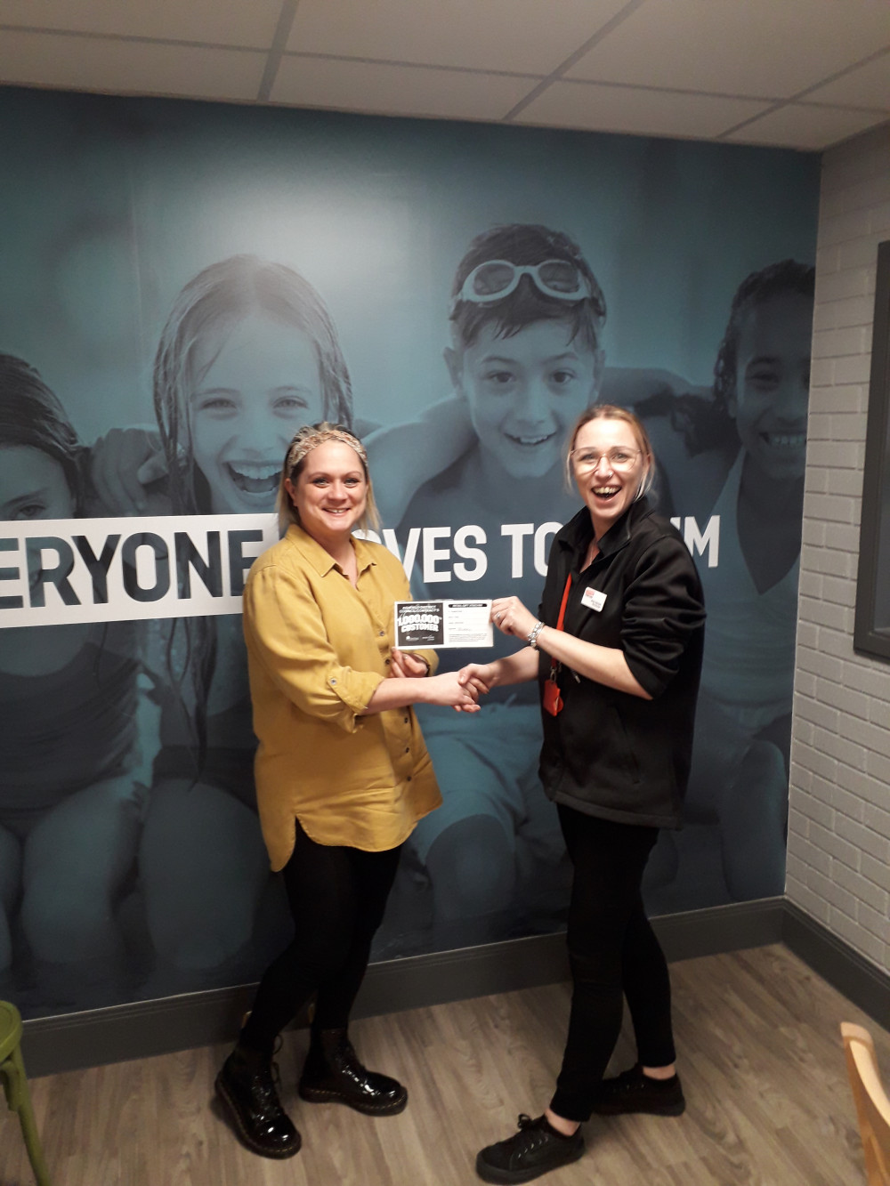 The millionth customer in Ashfield, 2022-23: l-r Angela Foster (customer), Amy Vernon (sales manager). Photo courtesy of Everyone Active.