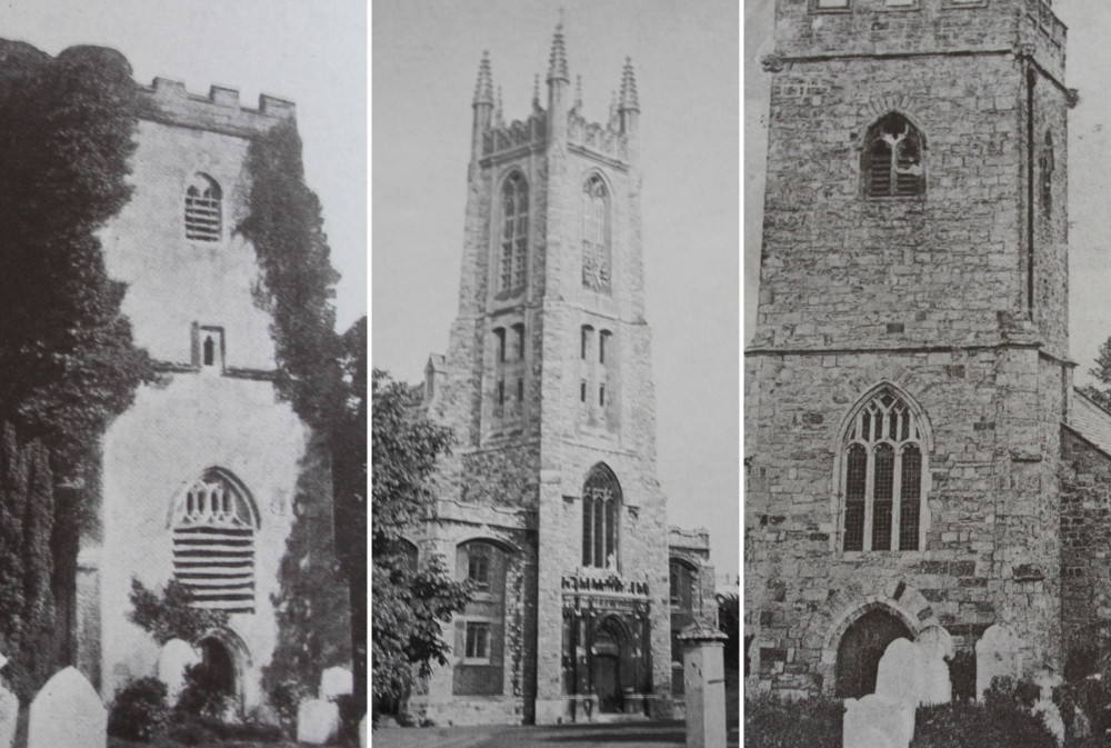 L: St John in the Wilderness Church (Bill Sleeman collection). M: Holy Trinity Church, Exmouth (Mike Menhenitt). R: Littleham Church in early 1900s (Bill Sleeman Collection)