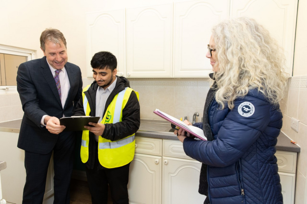 Metro Mayor Dan Norris and Justine Mallison (tutor, mentor and assessor for Retrofit Academy) and Hamza Saif-Ullah (retrofit advisor) 