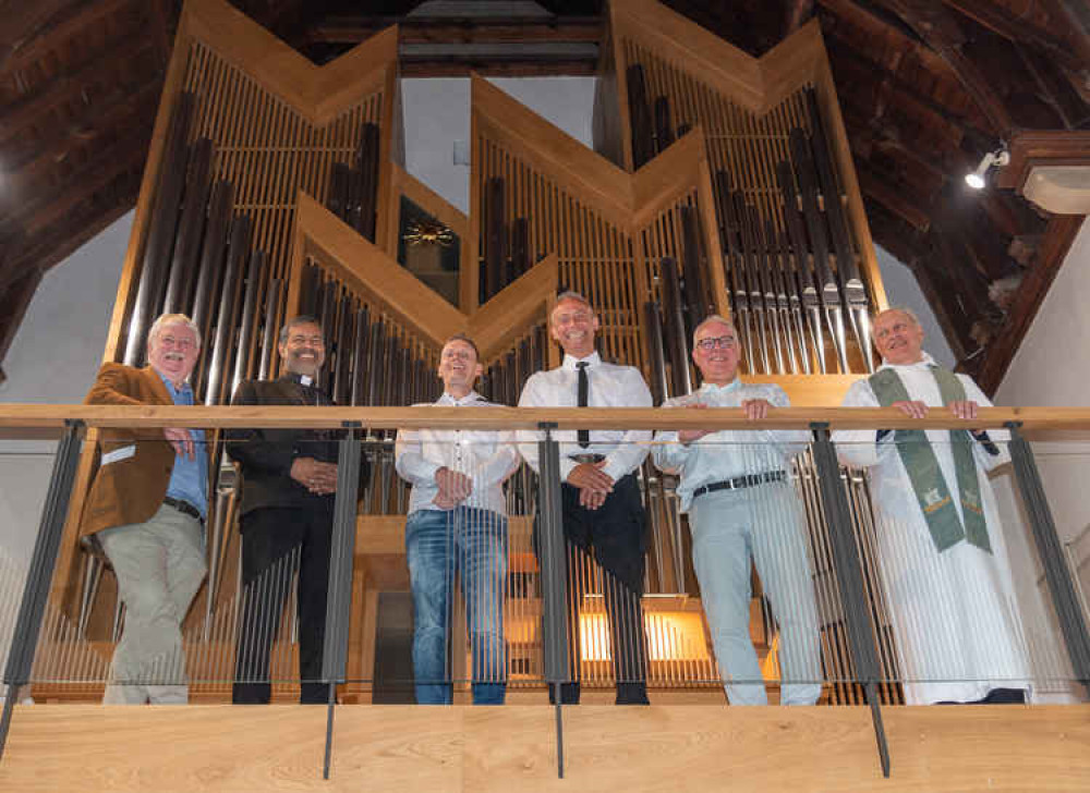 (L to R) Fred Giltrow-Tyler who sponsored the commission from Gabriel Jackson, the Bishop of Bradwell, the organ builders Konrad Hartmann and Thomas Hey, Colin Baldy and Fr John Dickens