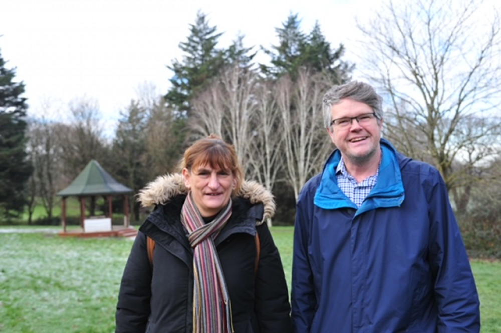 Cllr Jon Ball (Lib Dem Planning spokesperson) and Cllr Athena Zissimos (Lib Dem Cllr for Hanger Hill ward) in Hanger Hill Park, one of the green spaces threatened with dedesignation