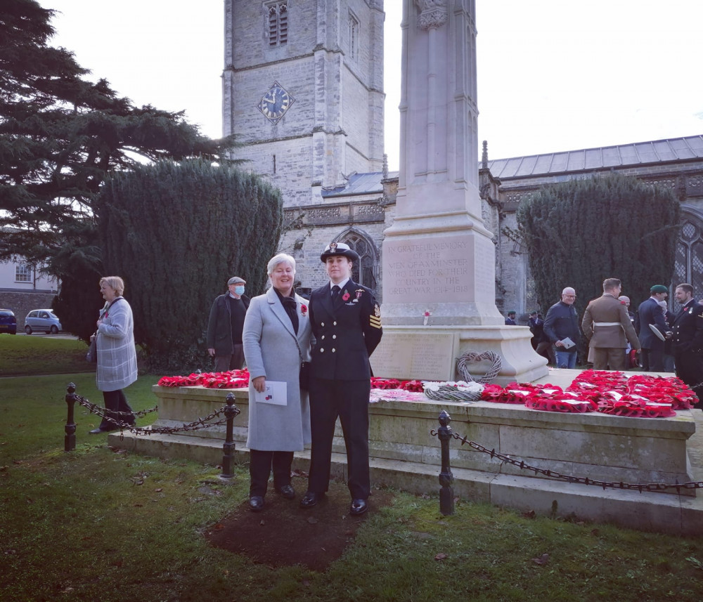 Luena Thomas pictured with her mother, Jacqueline Symes, at the Axminster War Memorial on Remembrance Sunday