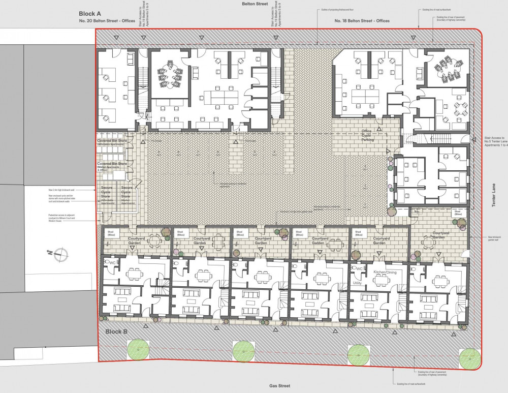 The plan of a proposed business and residential development on Gas Street and Belton Street, Stamford. Image credit: Ross Thain & Co Ltd