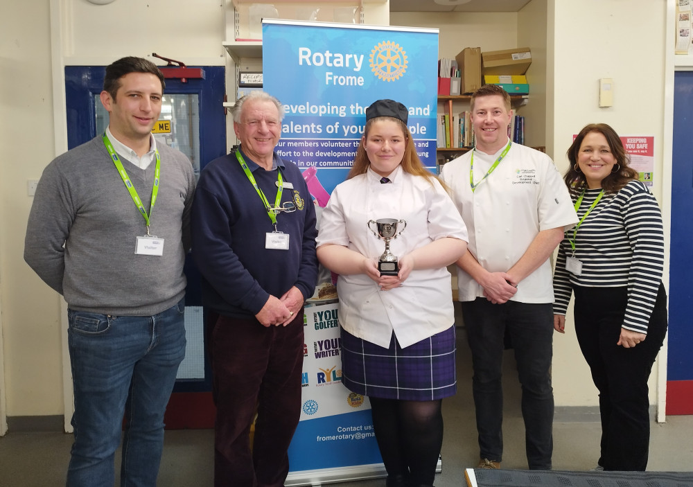 Ben Leveque, Three Horseshoes, Chapmanslade, Mike Darville, Co-President ,Frome Rotary, winner Millie-May, Carl Chappell , Chartwells and Gemma Owen, Bistro Lotte