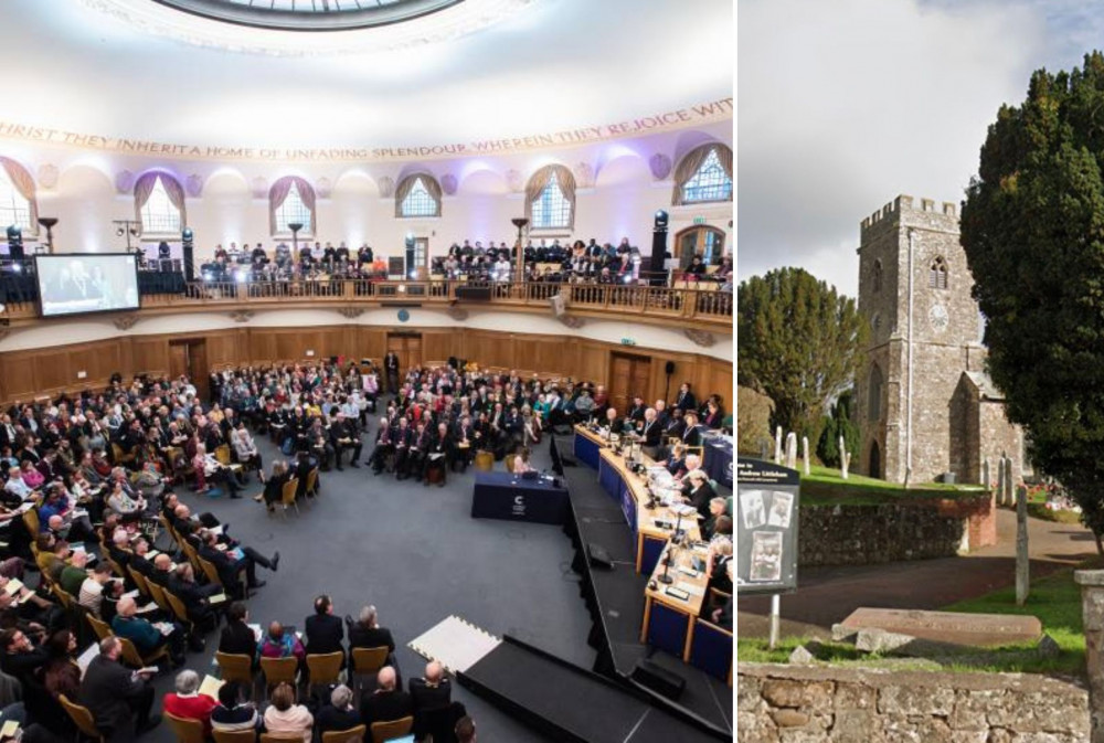 L: General Synod (Max Colson/ Church of England). R: Church of St Margaret and St Andrew, Littleham (Google Maps)