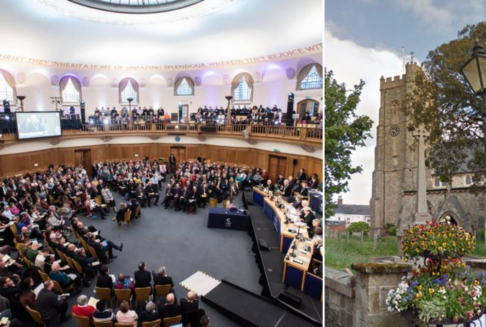 L: General Synod (Max Colson/ Church of England). R: Sidmouth Parish Church (Google Maps)