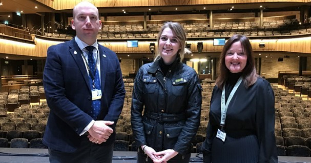 Levelling Up minister Dehenna Davison (centre) at the Hall for Cornwall with Louis Gardner, Cornwall Council Cabinet member for the economy, and Julie Caplin-Grey, deputy CEO of the Hall for Cornwall (Image: Cornwall Council)