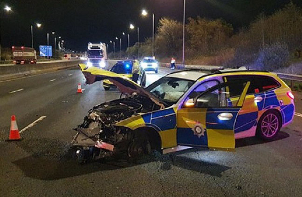 Two men have been jailed for multiple offences following a high speed police chase on the M1 which resulted in four police vehicles being damaged. Photo courtesy of Nottinghamshire Police.