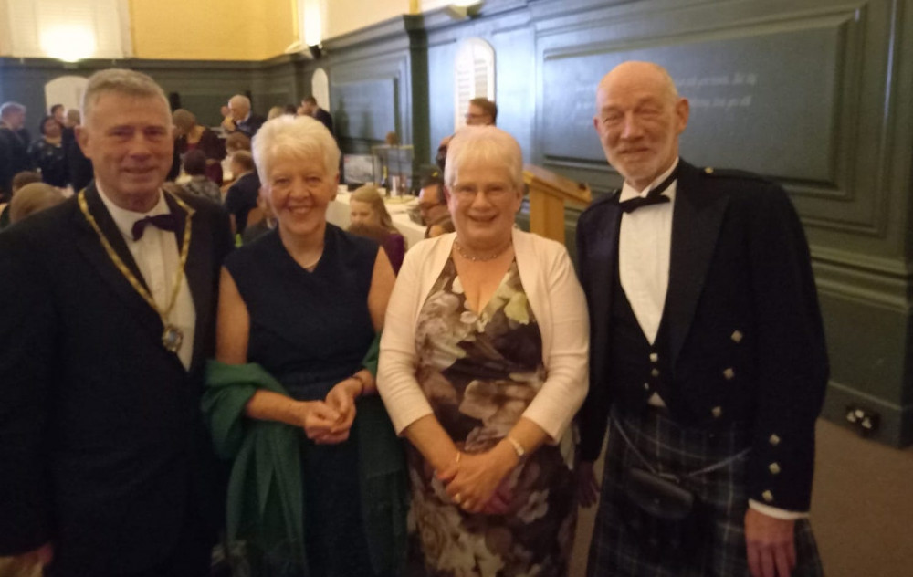 (L-R) Derek Davis, Mary McLaren, Jane Gould and Alastair McCraw support Babergh charity dinner at Royal Hospital School (Picture contributed) 