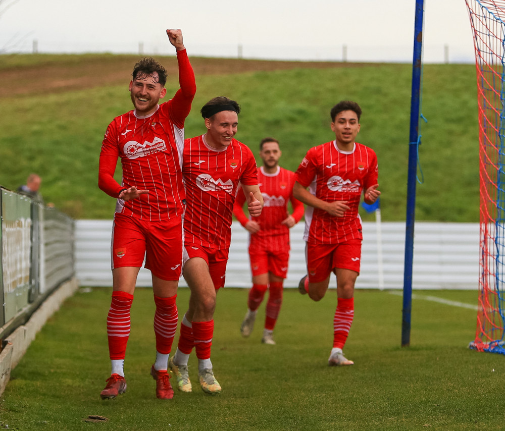 Red hot Josh Hitter celebrates scoring at Maldon (Picture: Stefan Peck)