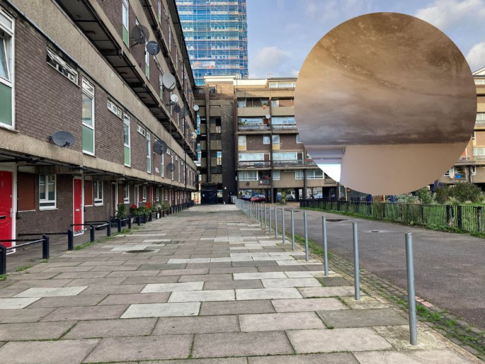 Mursell estate in Stockwell. Credit: Robert Firth. Inset: mould on the ceiling of a bedroom in the flat (Credit: Catherine Odigi)