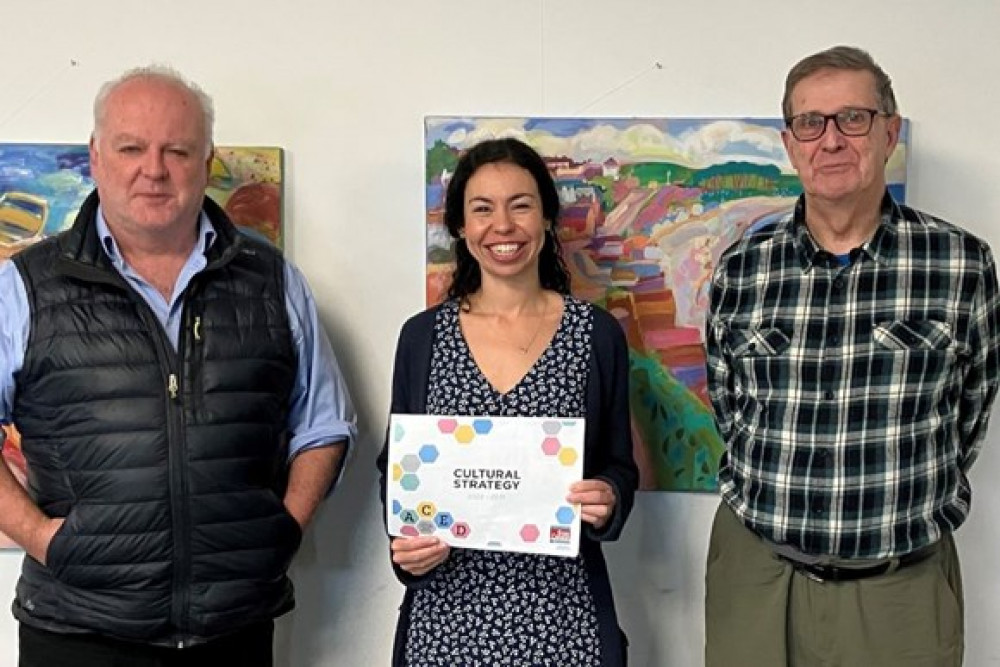 East Devon District Council leader Paul Arnott withnew cultural producer Sarah Elghady and Cllr Nick Hookway (photo credit: EDDC)